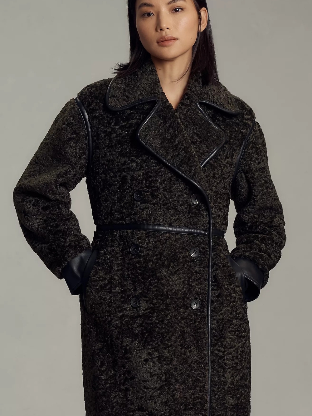 Avec Les Filles Dark Olive Teddy Faux Shearling Coat with Black Trim